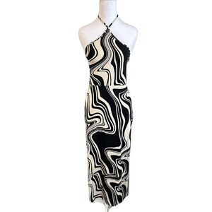 Forever 21 Black and Cream Abstract Halter Dress Large